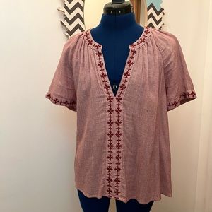 Luck Brand Peasant Blouse, Size M, Short Sleeved, with Embroidery, Burgundy